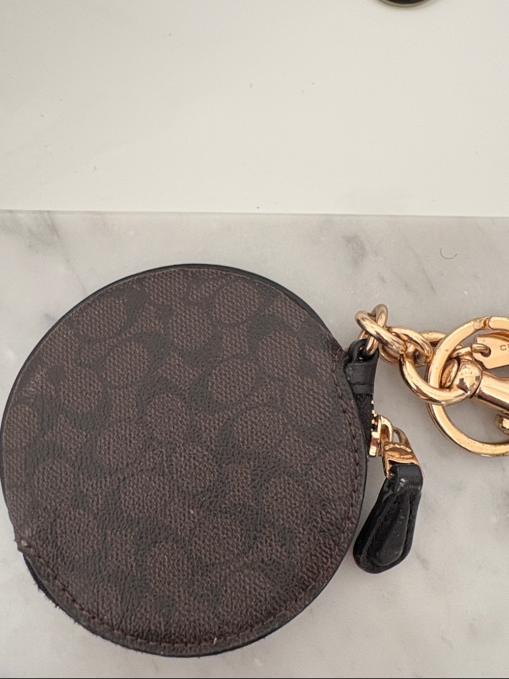 Coach Brown Signature Round Coin Case with Gold Hardware